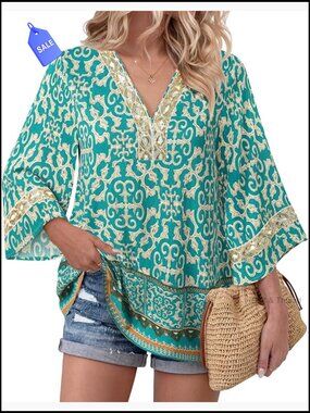 Women's 3/4 Sleeve Embroidered V-Neck Boho Tunic Top